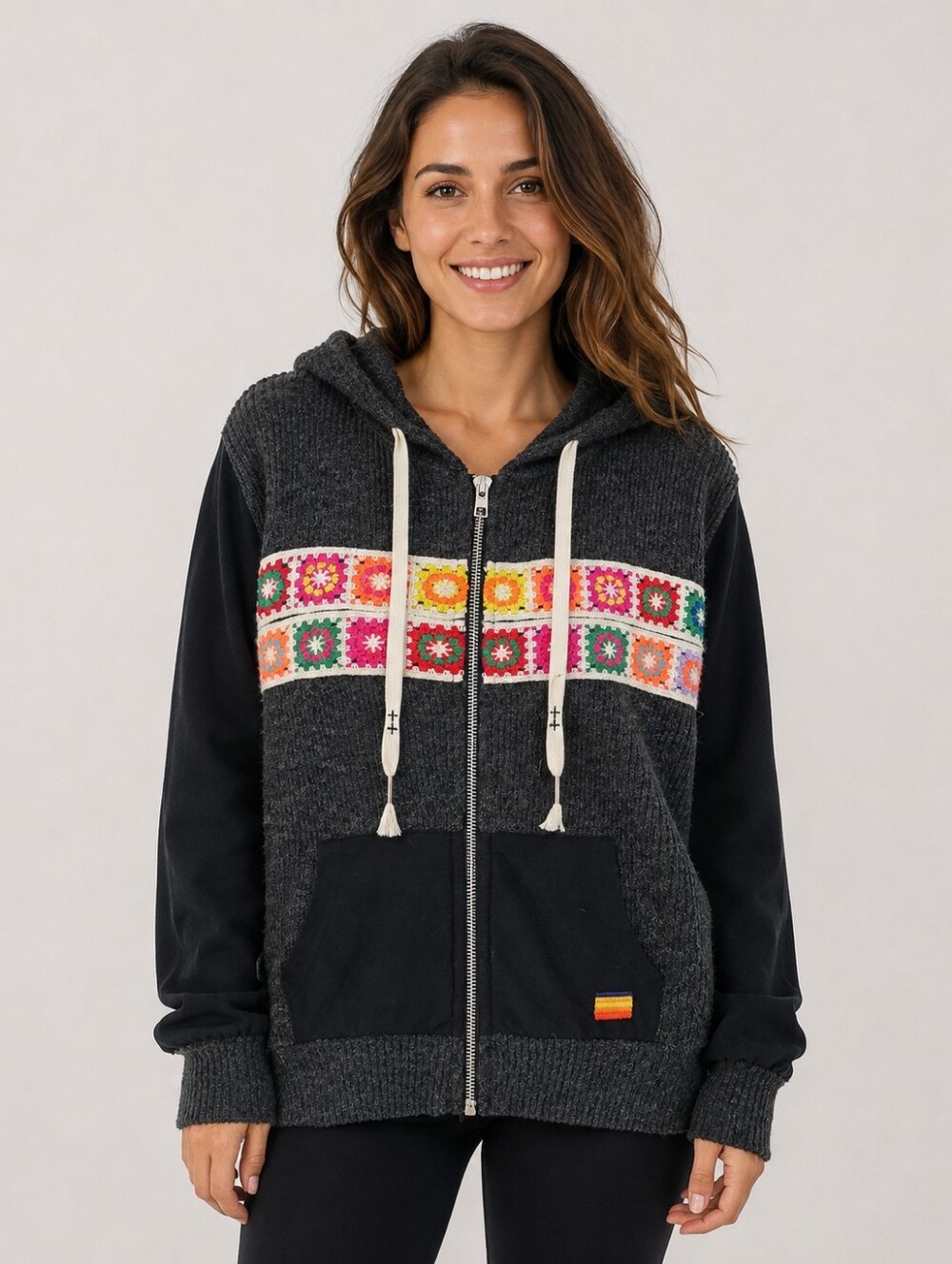 POL Charcoal Crochet Granny Square Oversized Zip Hoodie Small NWOT